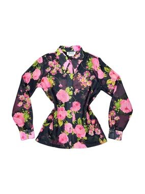 Feminine Floral Peony Print Black 70s Collared Long Sleeve Blouse